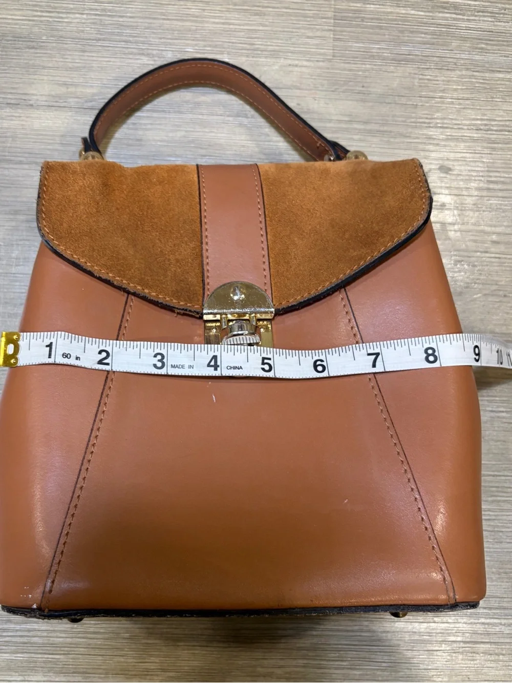 Stylish Tan Leather & Suede Top-Handle Bag